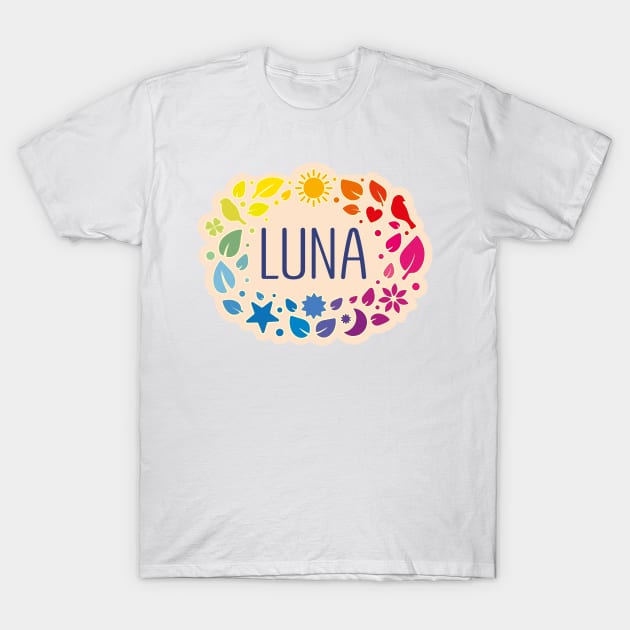 Luna name with colorful leaves T-Shirt by WildMeART